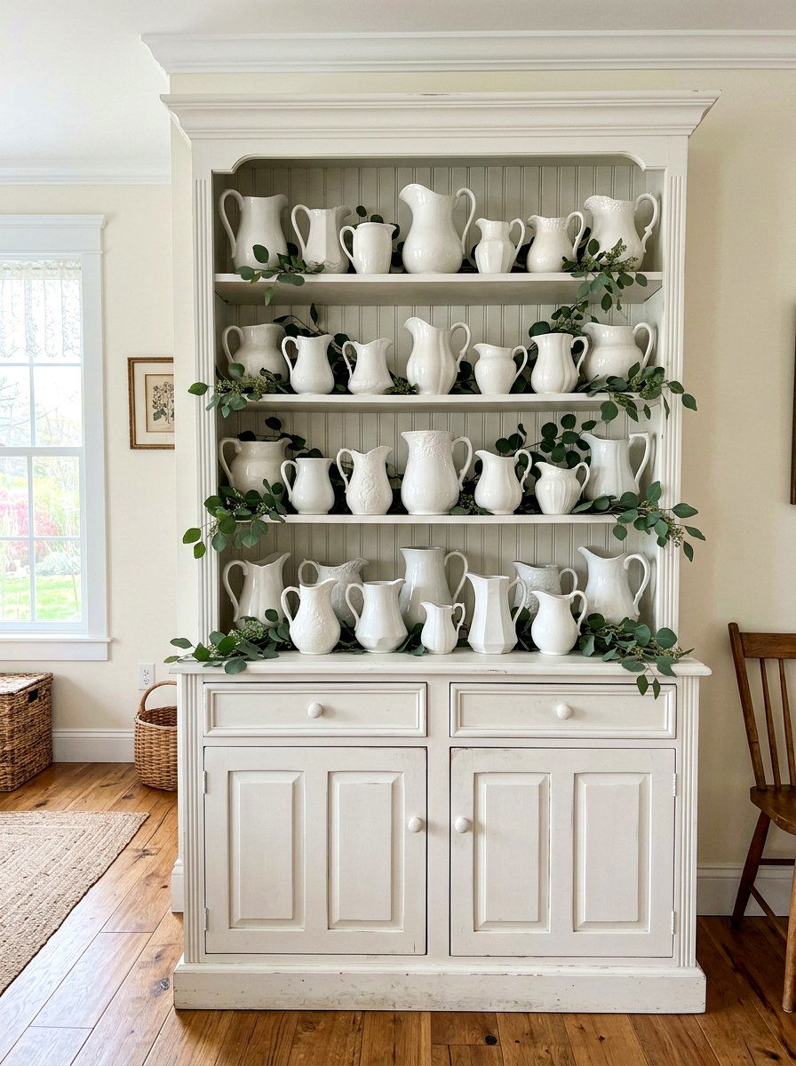 White Pitcher Collection Hutch - 25 Spring Hutch Decor Ideas