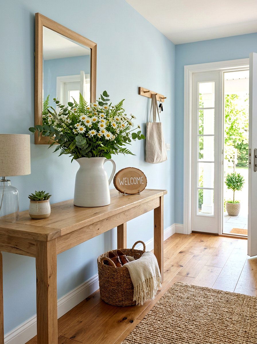 White Pitcher Floral Entry - 25 Spring Entry Table Arrangement Ideas