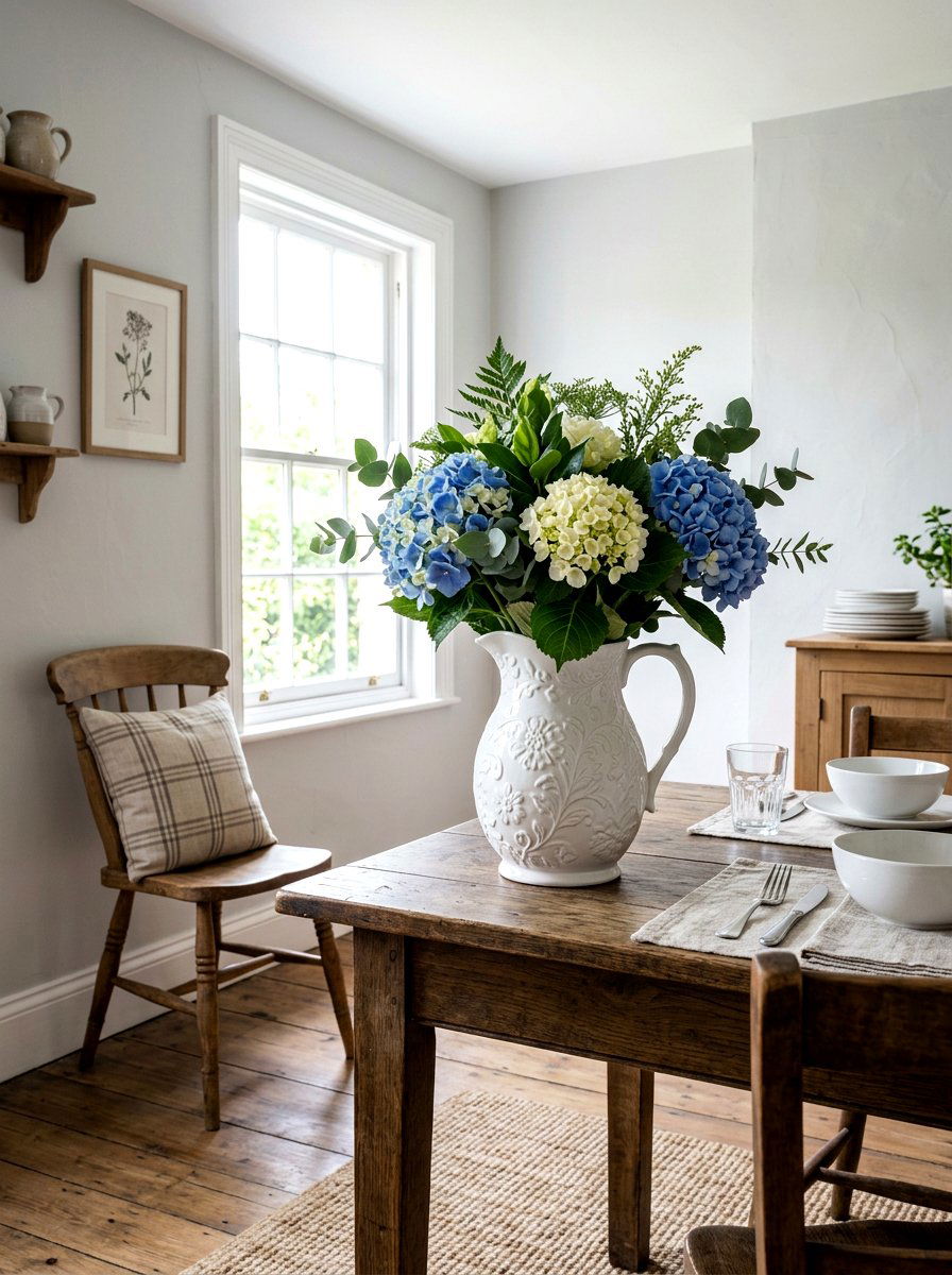 White Pitcher Flower Decor - 25 Spring Dining Table Centerpiece Ideas