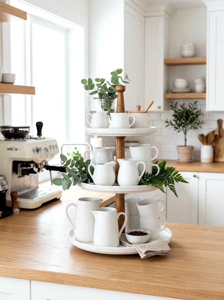 White Pitcher Tiered Tray - 25 Spring Coffee Bar Tiered Tray Ideas