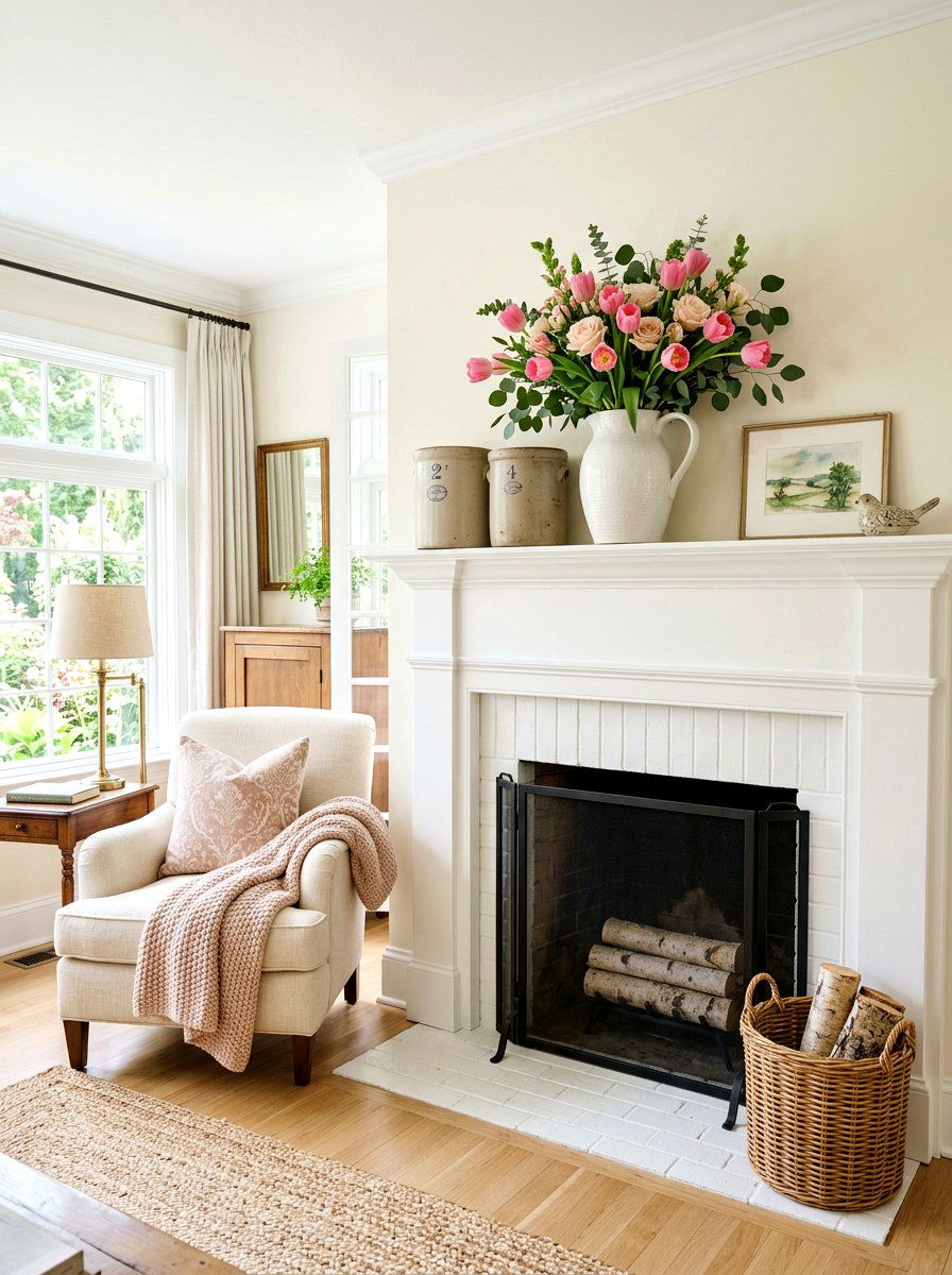 White Pitcher Tulip Arrangement - 25 Spring Rustic Mantel Ideas