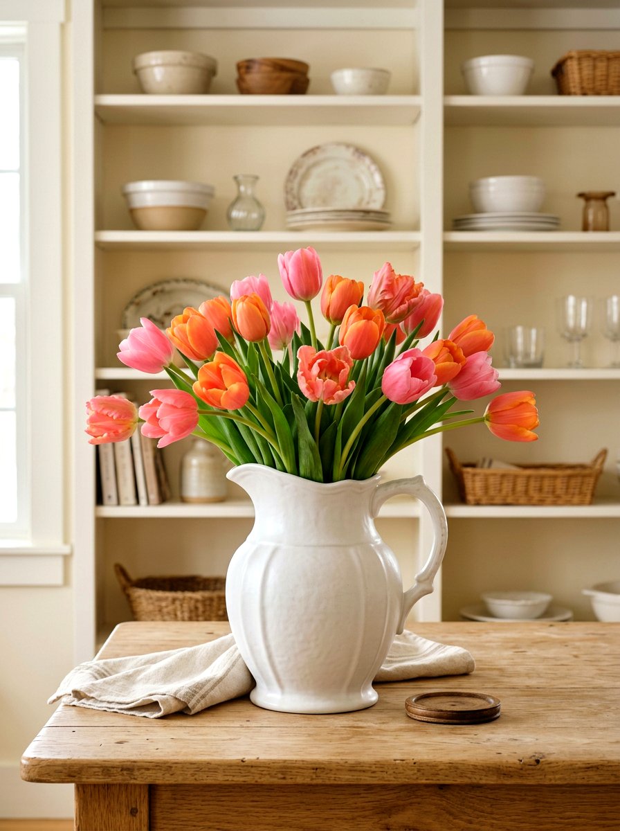 White Pitcher With Tulips - 25 Spring Kitchen Windowsill Ideas