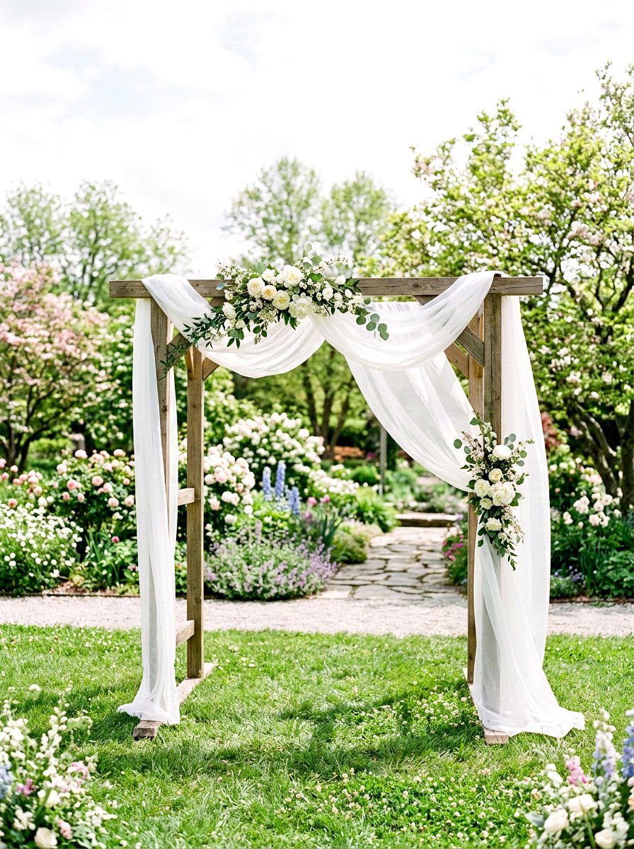 White Sheer Fabric Arbor Drape - 25 Spring Garden Arbor Decor Ideas