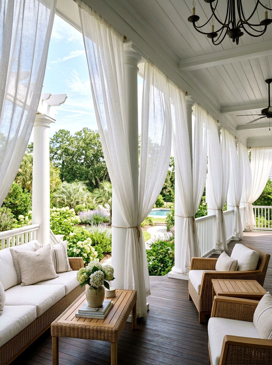 White Sheer Fabric Drape - 25 Spring Porch Column Decor Ideas