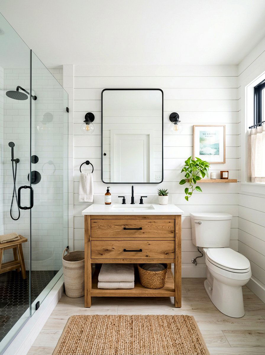 White Shiplap Wall Paneling - 25 Spring Bathroom Decor Ideas