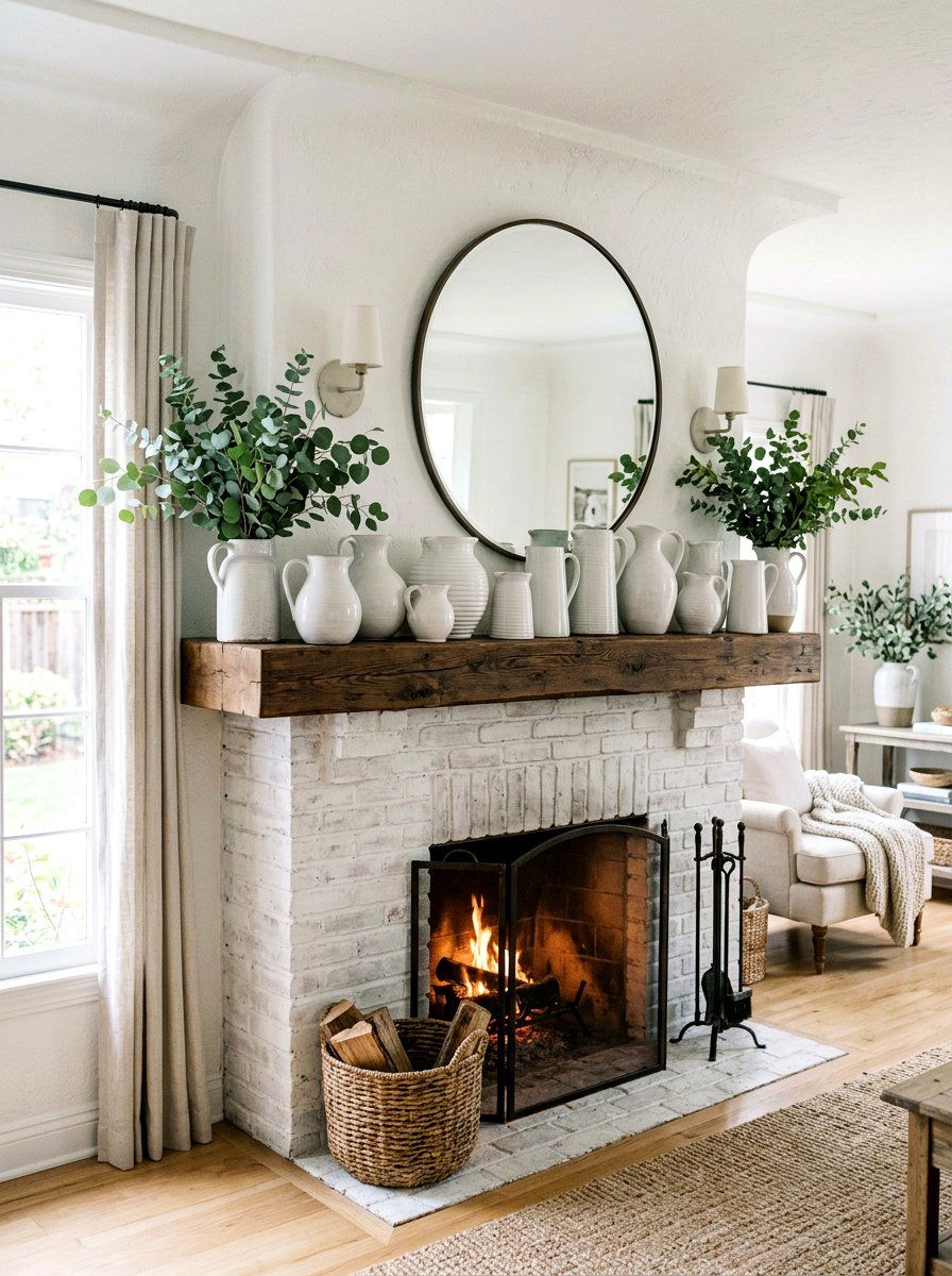 White Stoneware Pitcher Display - 25 Spring Fireplace Decor Ideas
