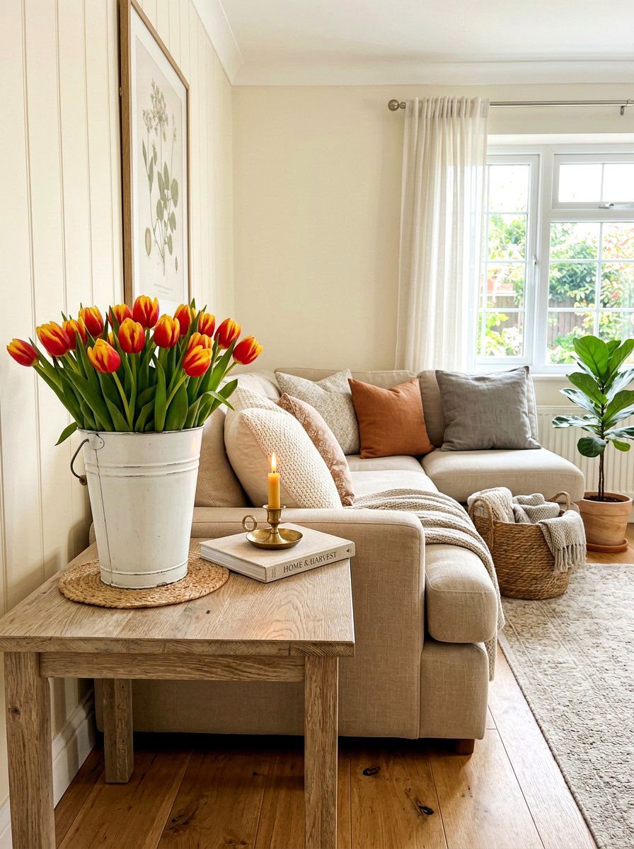 White Tin Bucket Tulip Display - 25 Spring Tin Bucket Planter Ideas