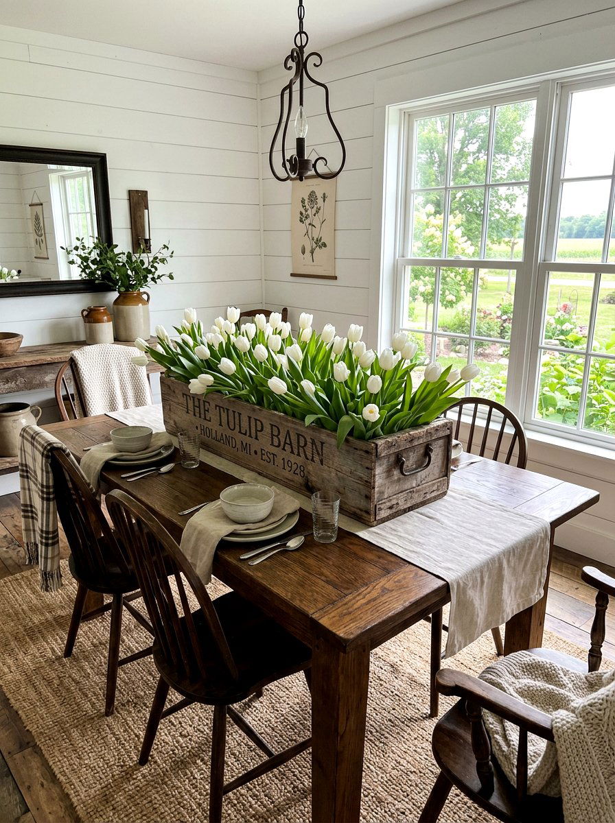 White Tulip Wood Box - 25 Spring Tulip Centerpiece Ideas