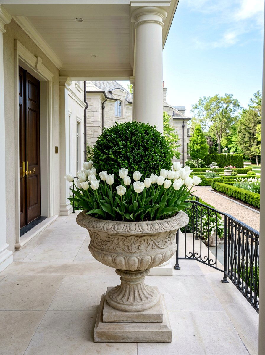 White Tulips And Boxwood - 25 Spring Urn Planter Ideas