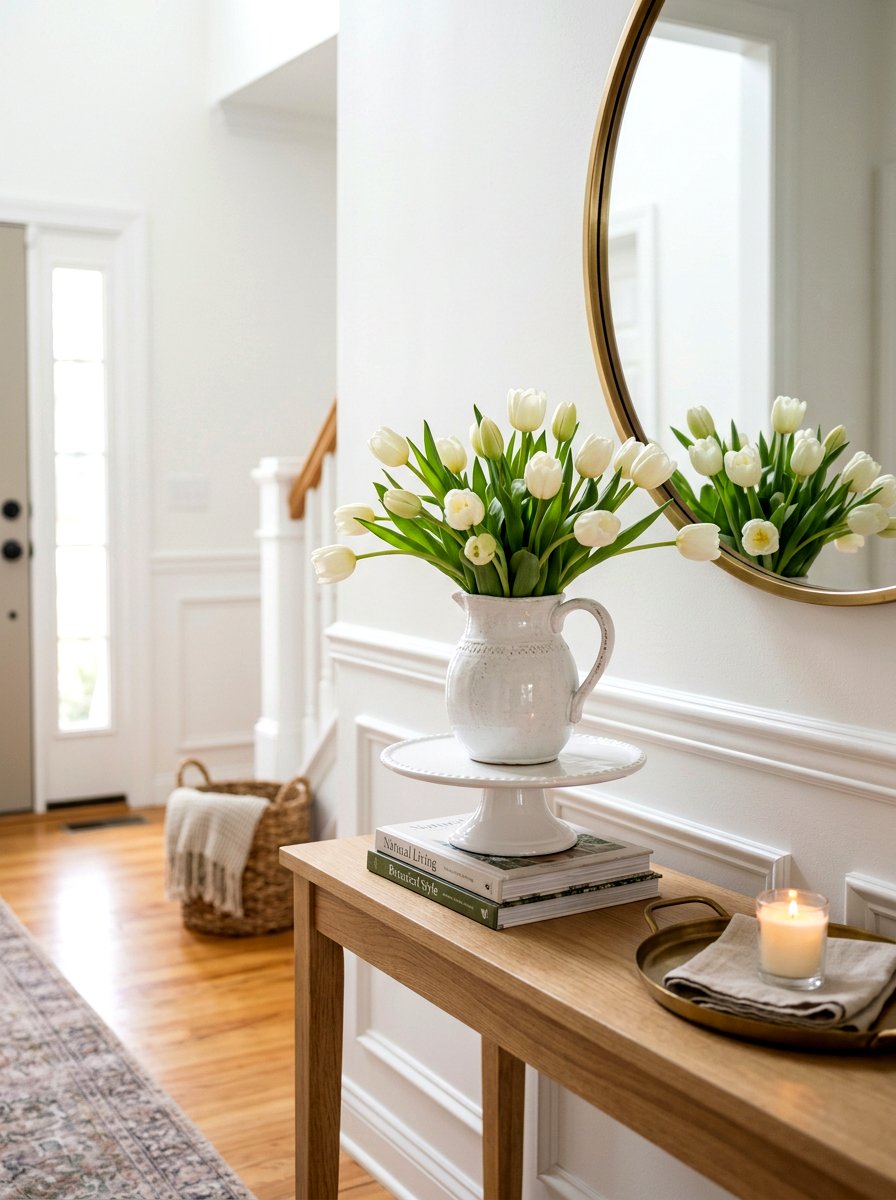 White Tulips In Pitcher - 25 Spring Cake Stand Decor Ideas