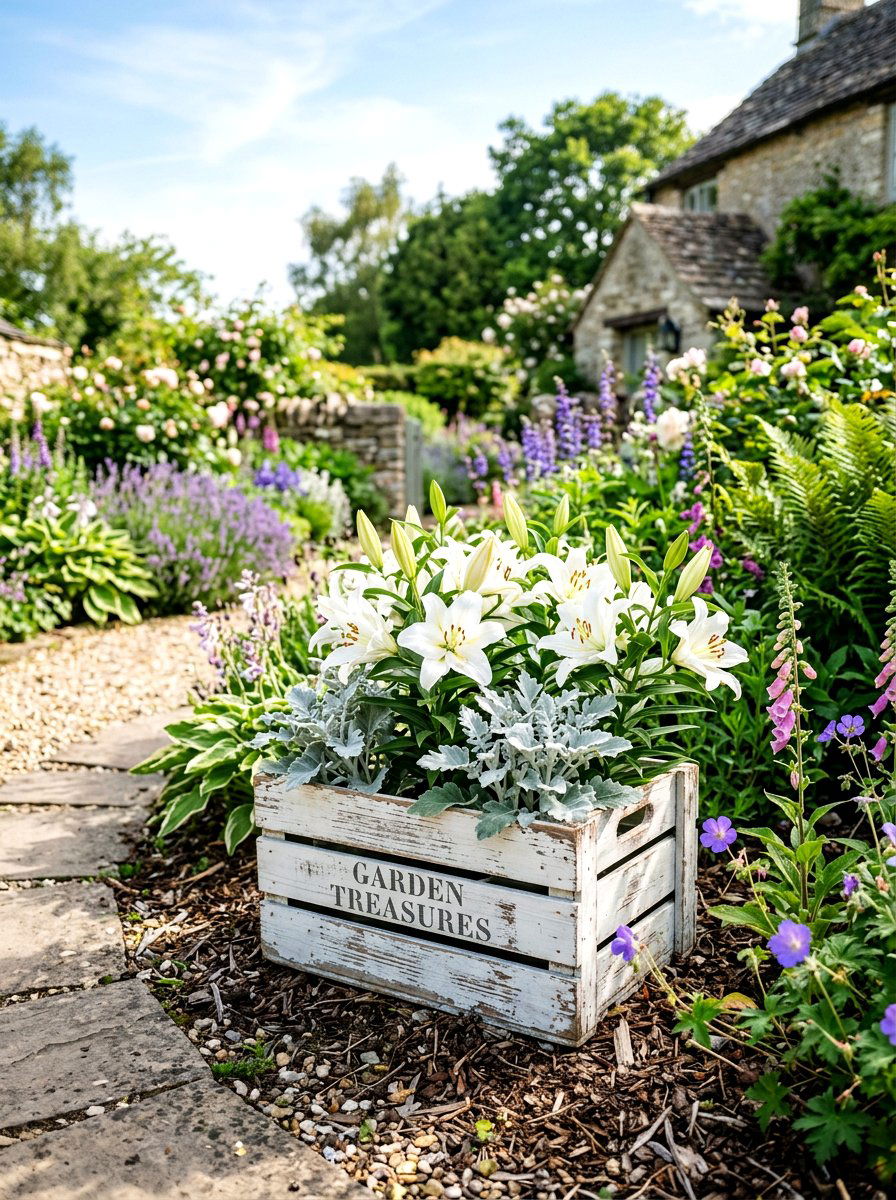 White Washed Crate Focal Point - 25 Spring Outdoor Crate Display Ideas
