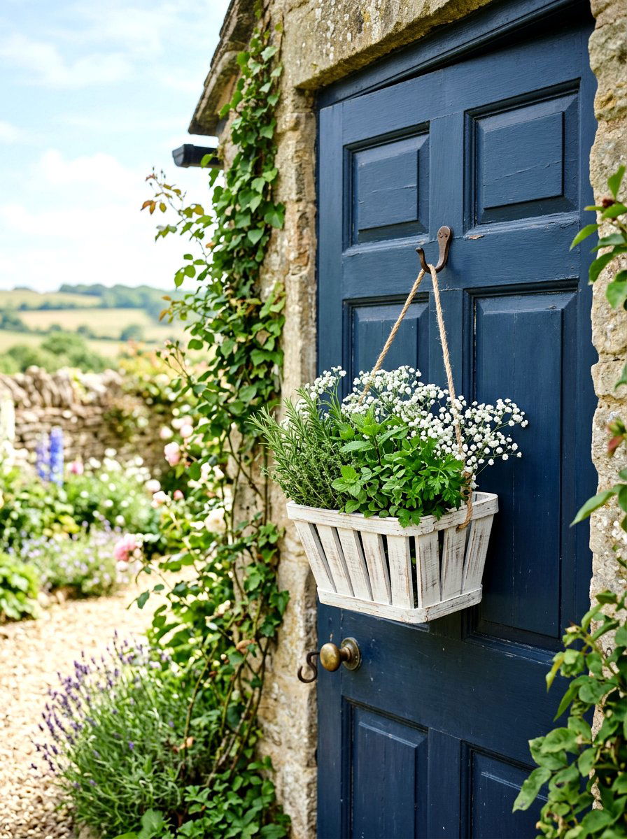 White Washed Wood Basket - 25 Spring DIY Door Basket Ideas