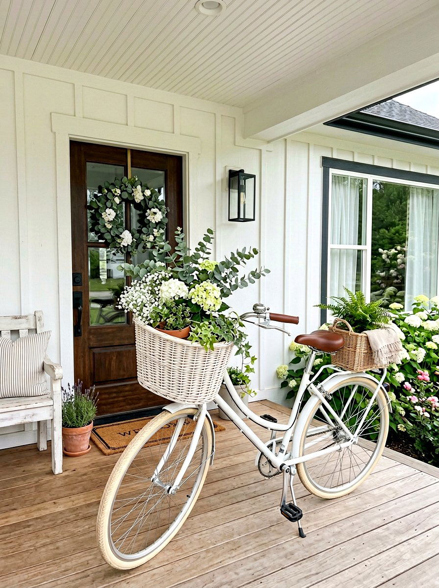 White Wicker Basket Front Porch Bike - 25 Spring Bicycle Decor Ideas