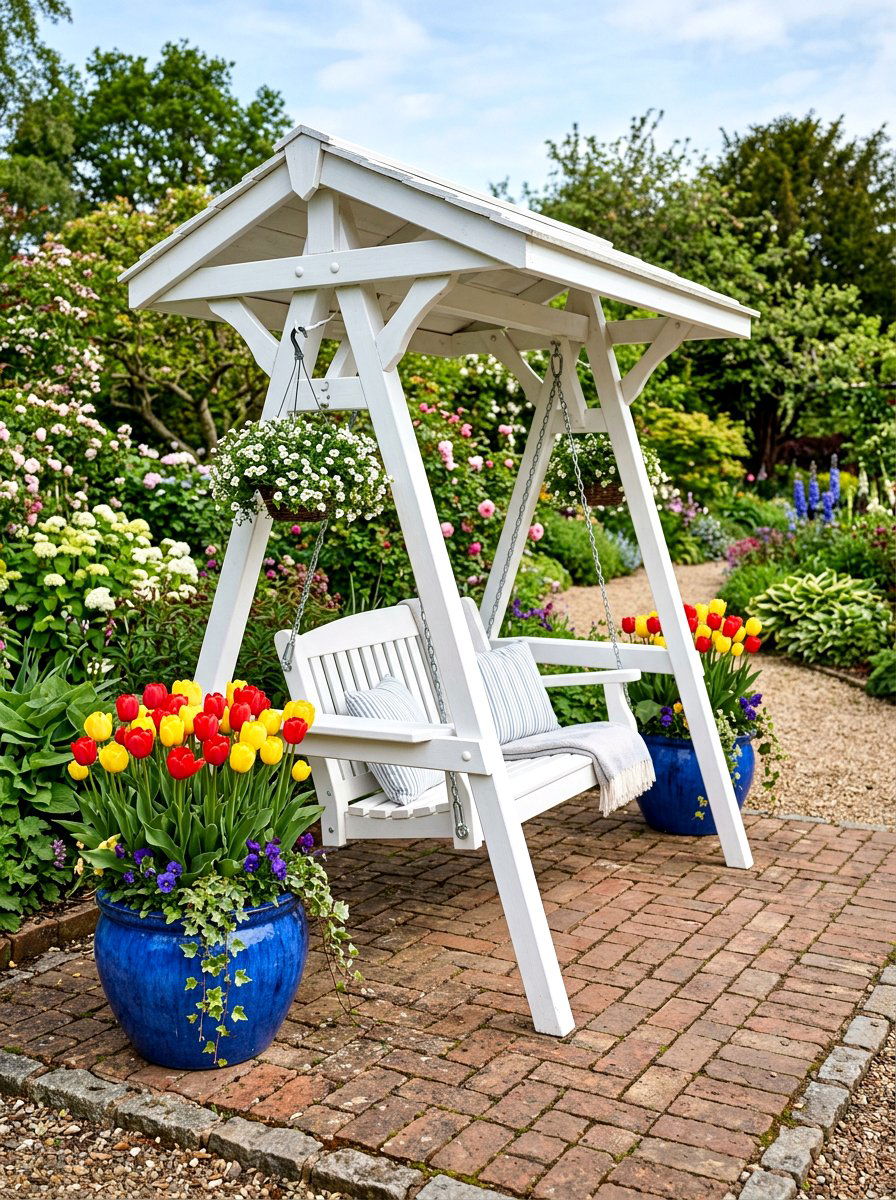 White Wooden Swing Tulip Planters - 25 Spring Garden Swing Decor Ideas