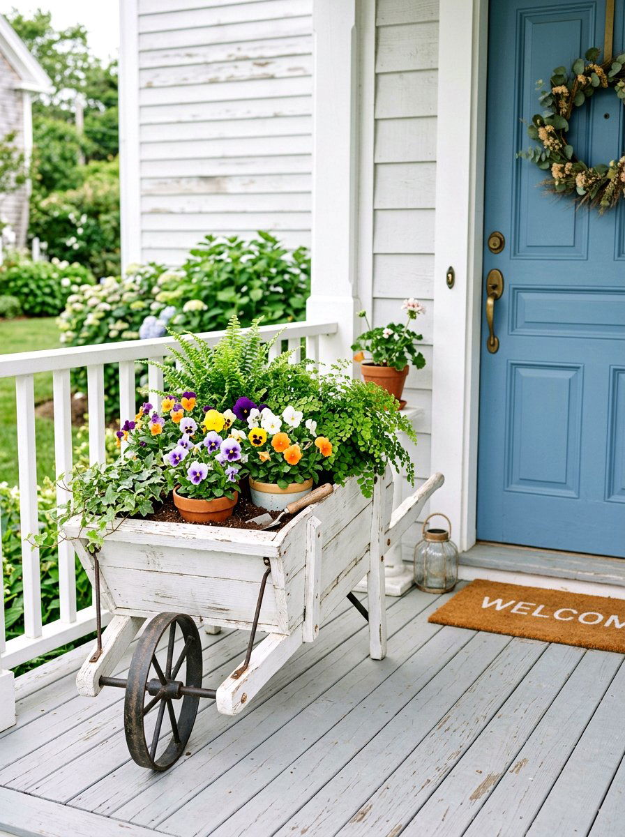 White Wooden Wheelbarrow Porch Decor - 25 Spring Wheelbarrow Decor Ideas
