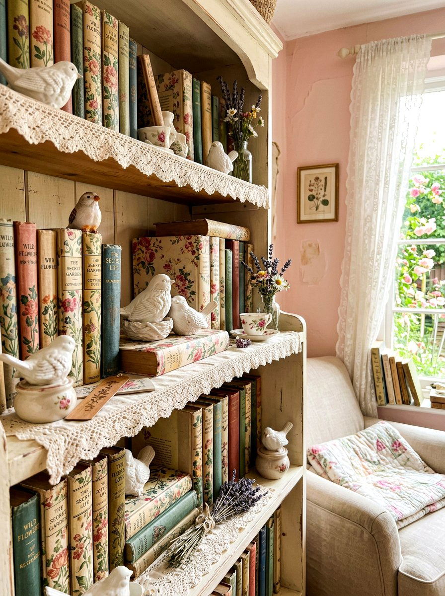 White bird figurines - 25 Spring Bookshelf Decor Ideas