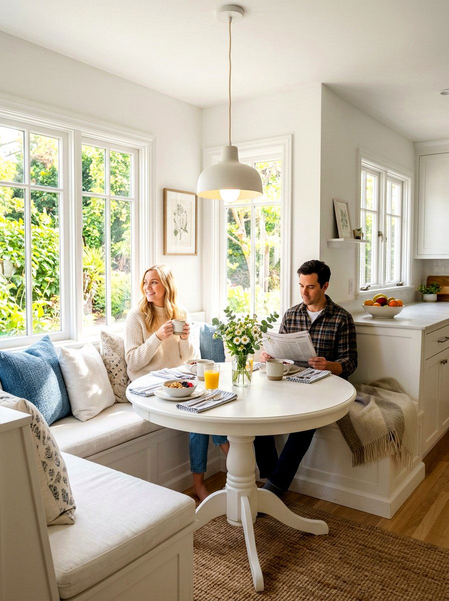 White breakfast nook - 25 Spring White Decor Ideas