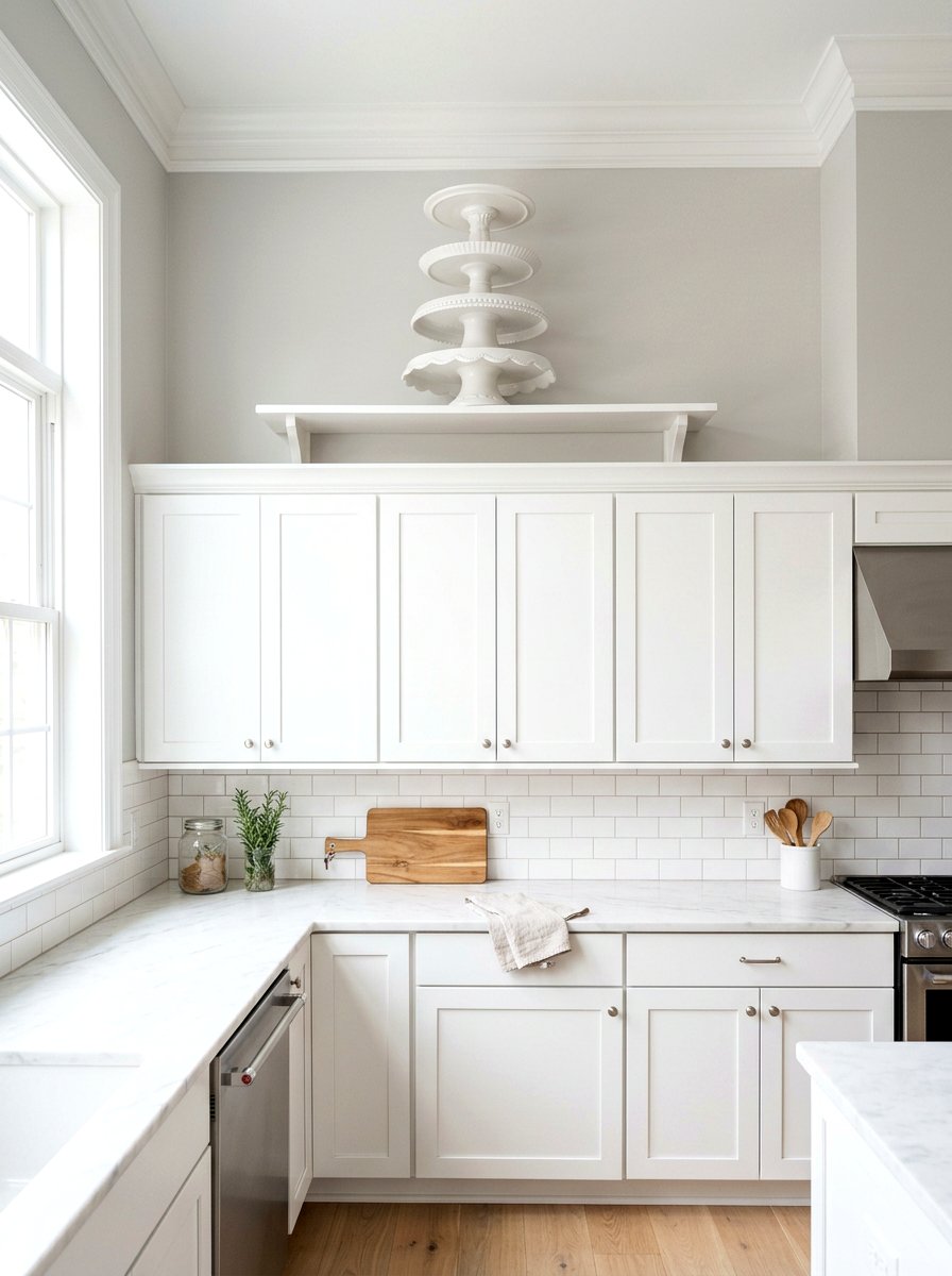 White cake stands - 25 Spring Above Cabinet Decor Ideas