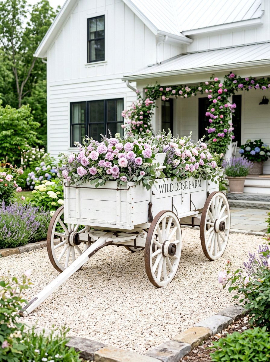 White farmhouse wagon - 25 Spring Garden Wagon Decor Ideas