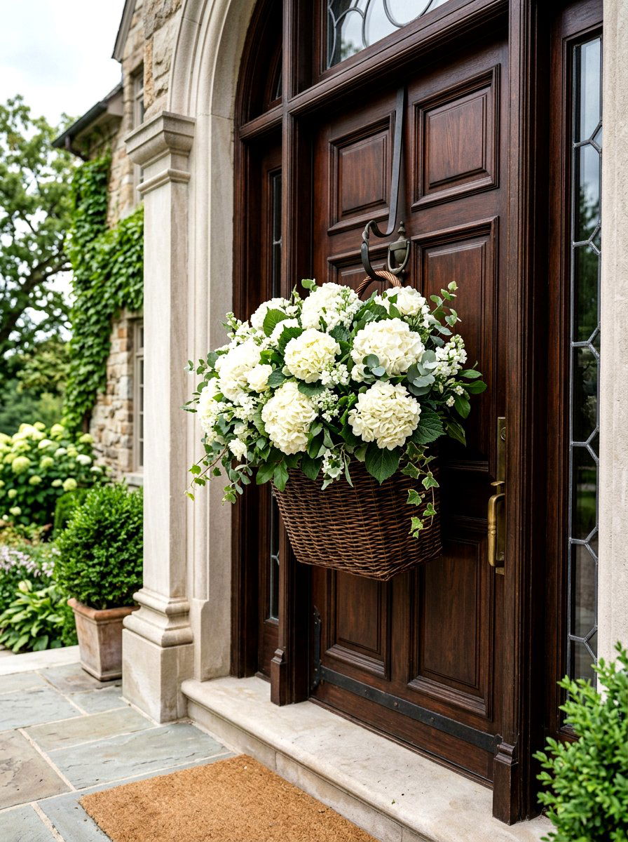 White hydrangea door basket - 25 Spring Hanging Basket Door Ideas