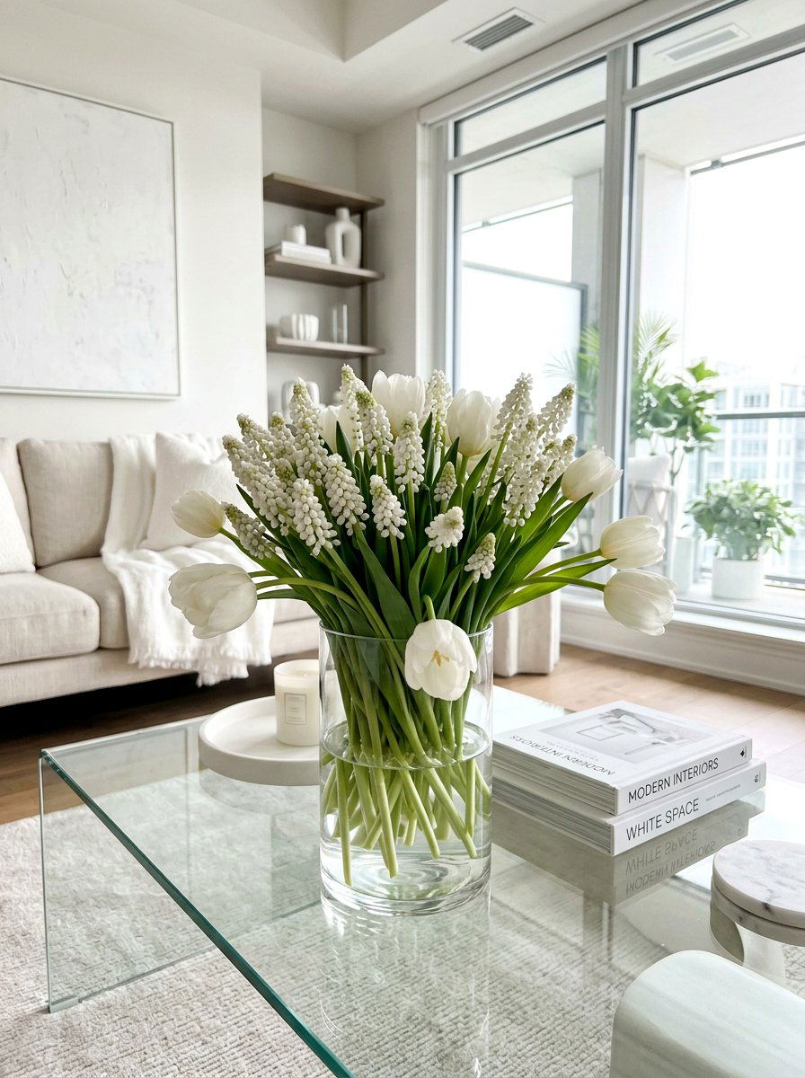 White muscari and tulip arrangement - 25 Spring Muscari Arrangement Ideas