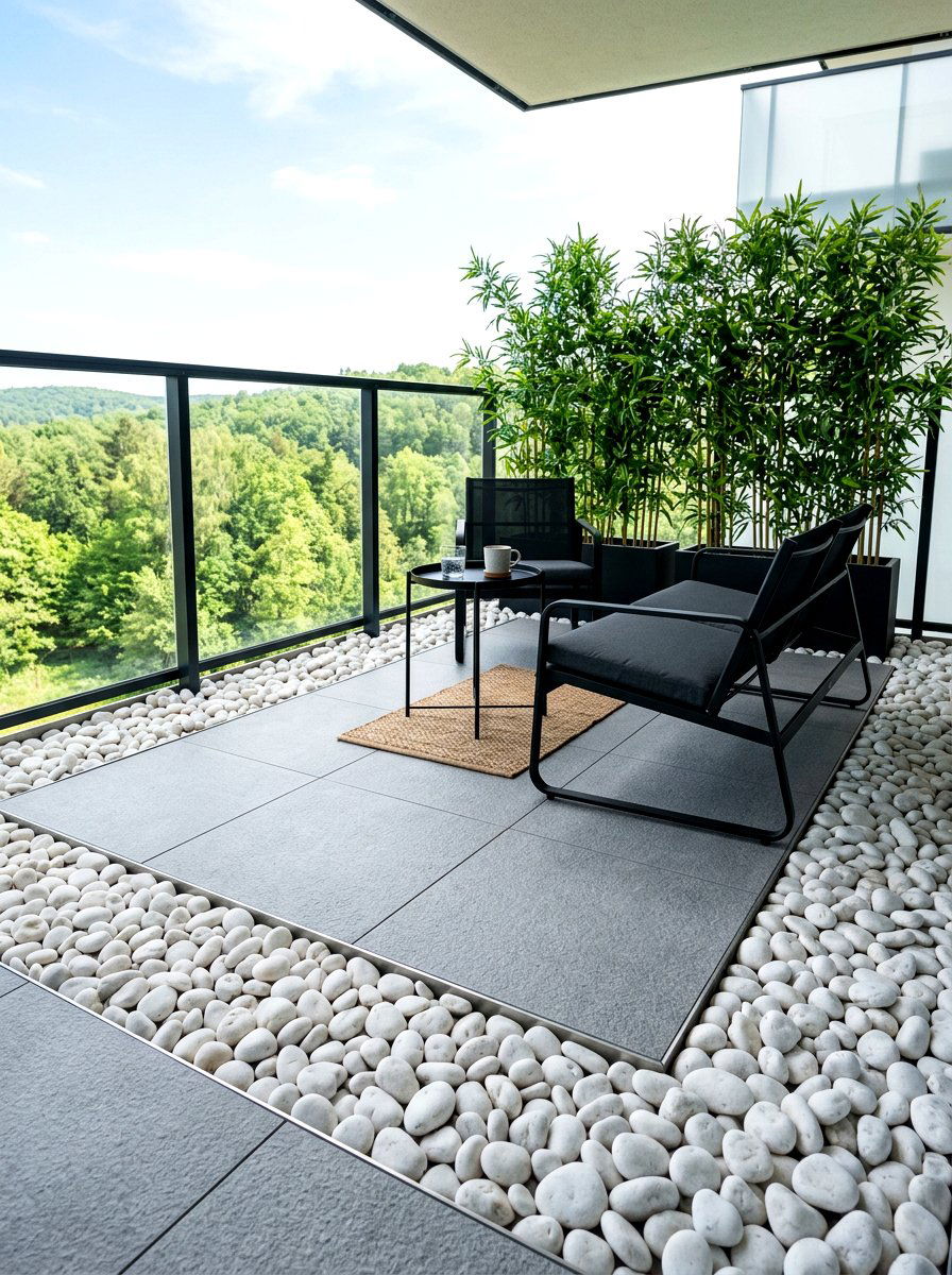 White pebbles for balcony border - 25 Spring Balcony Floor Decor Ideas