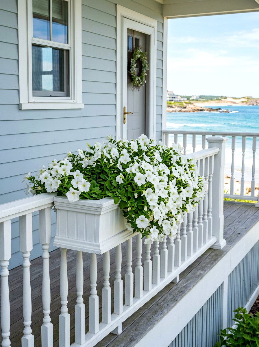 White petunia porch box - 25 Spring Porch Railing Planter Ideas