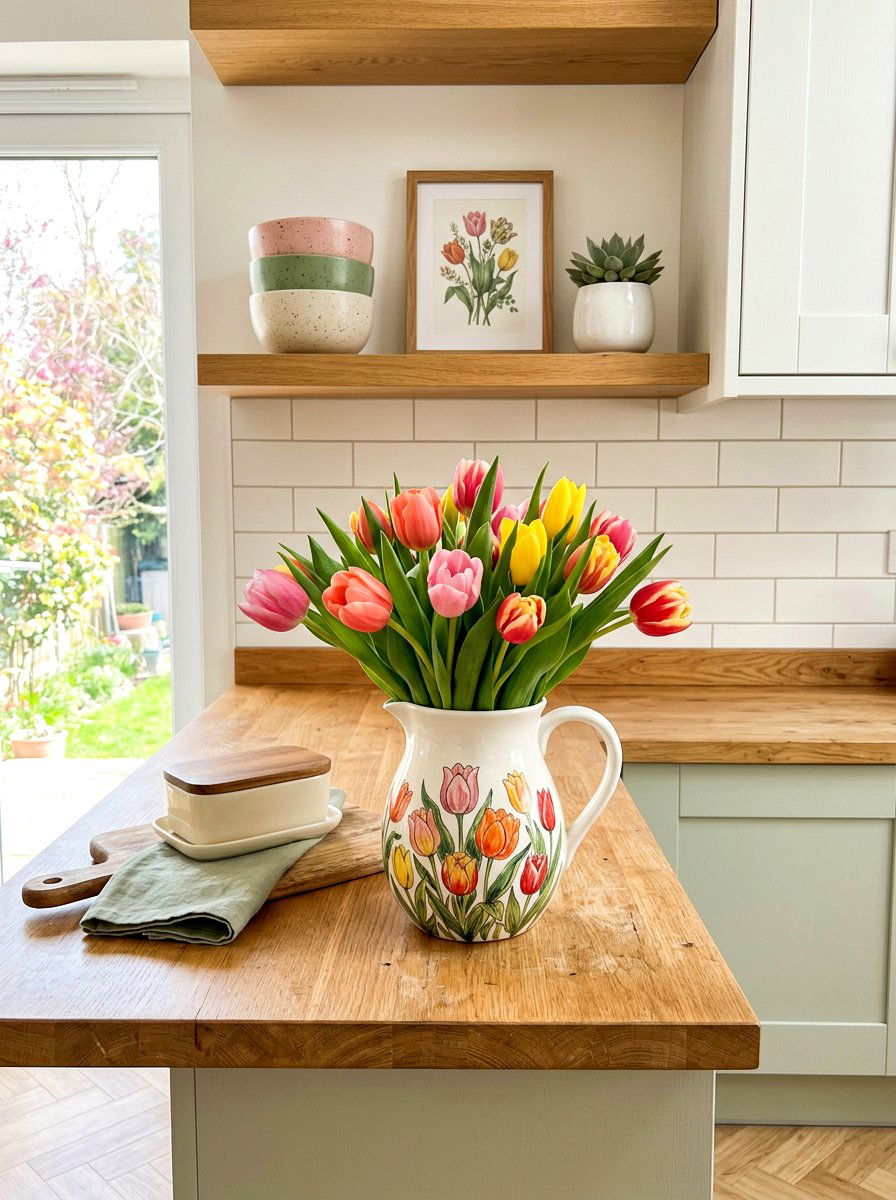 White pitcher with tulips - 25 Spring Kitchen Shelf Decor Ideas