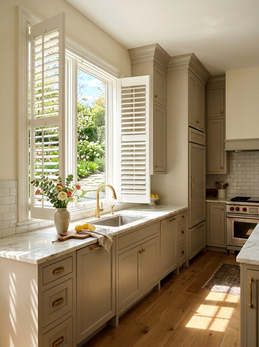 White plantation shutters - 25 Spring Kitchen Window Decor Ideas