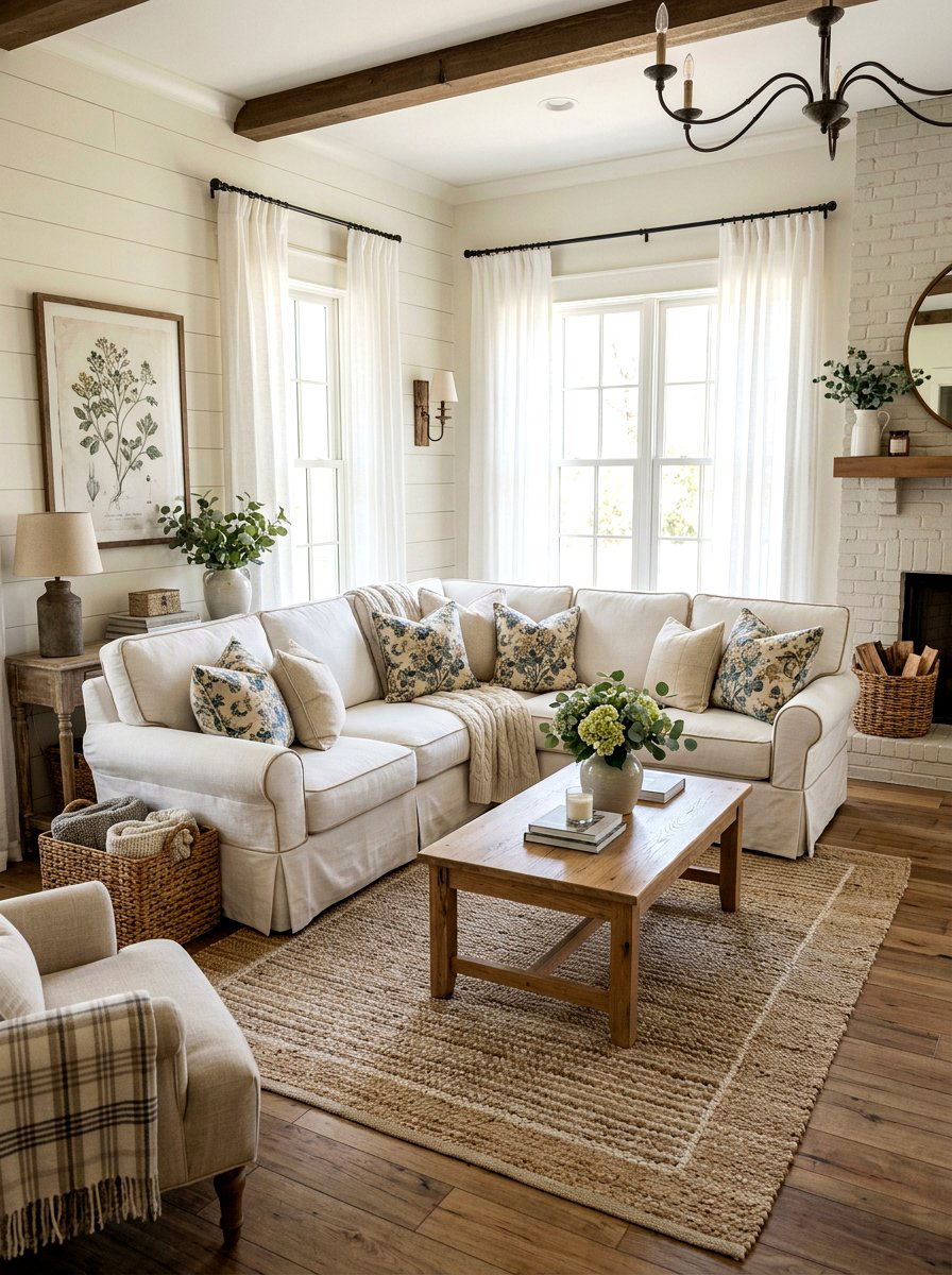 White slipcovered sofa - 25 Spring Vacation Rental Decor Ideas