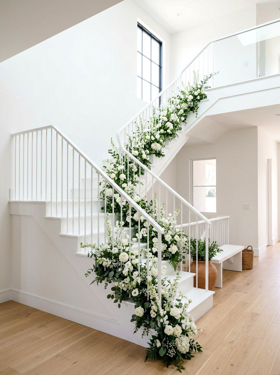 White spring floral staircase - 25 Spring Staircase Decor Ideas
