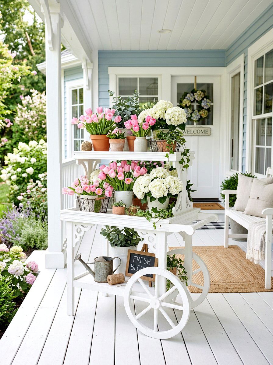 White tiered flower cart - 25 Spring Flower Cart Decor Ideas
