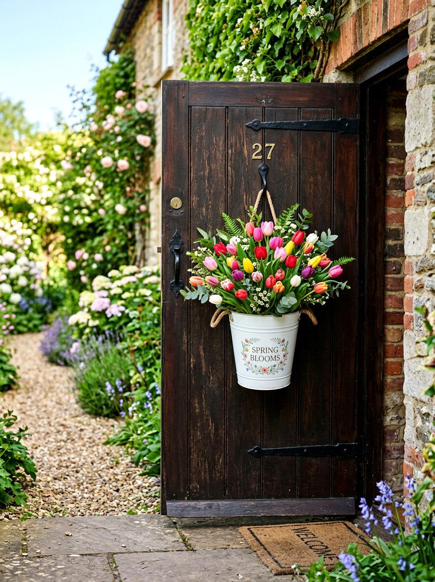 White tin bucket with tulips - 25 Spring Flower Bucket Door Ideas