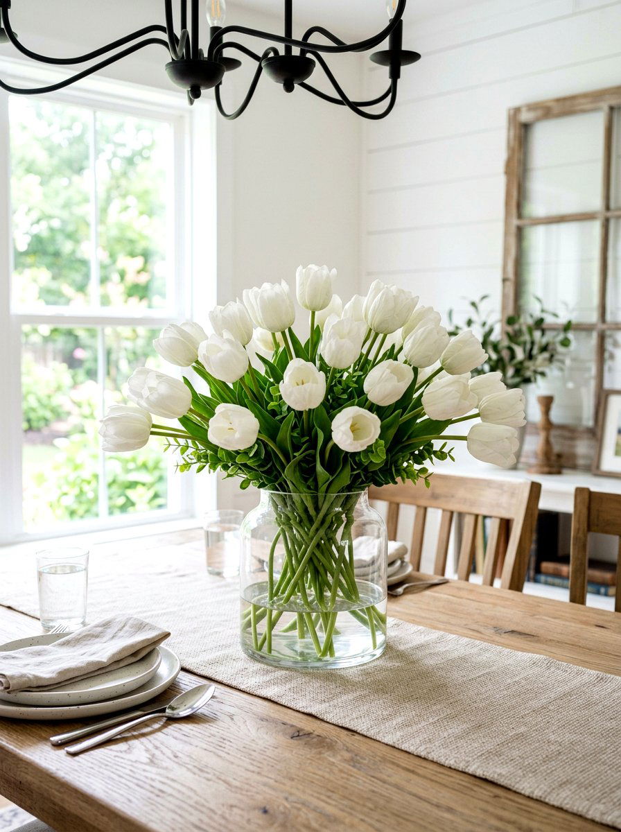 White tulip centerpiece - 25 Spring Faux Flower Arrangement Ideas