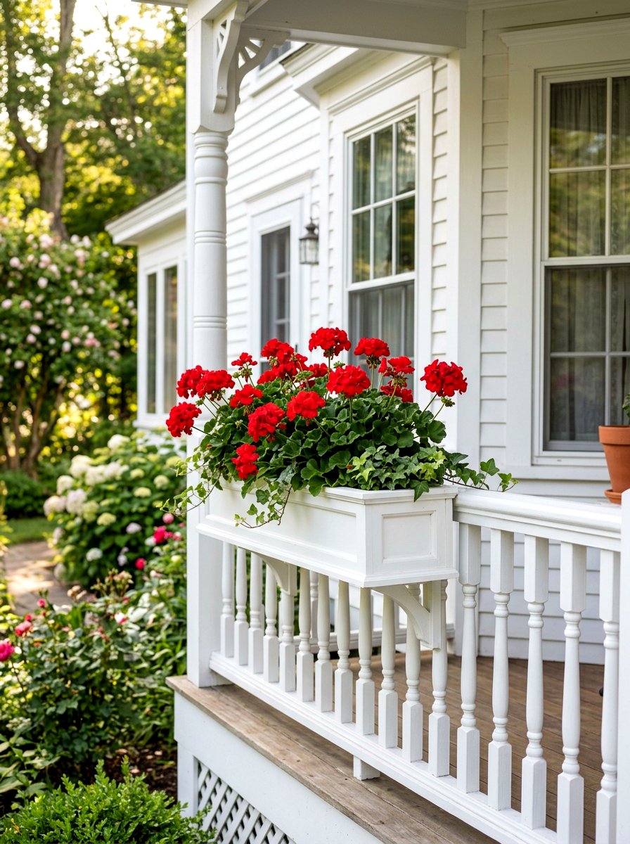 White wooden window box - 25 Spring Porch Railing Planter Ideas