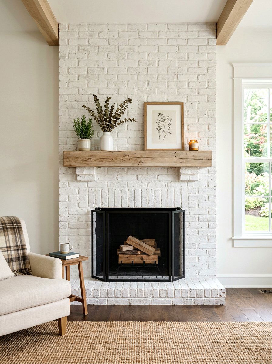 Whitewashed Brick Fireplace - 25 Spring Farmhouse Fireplace Ideas