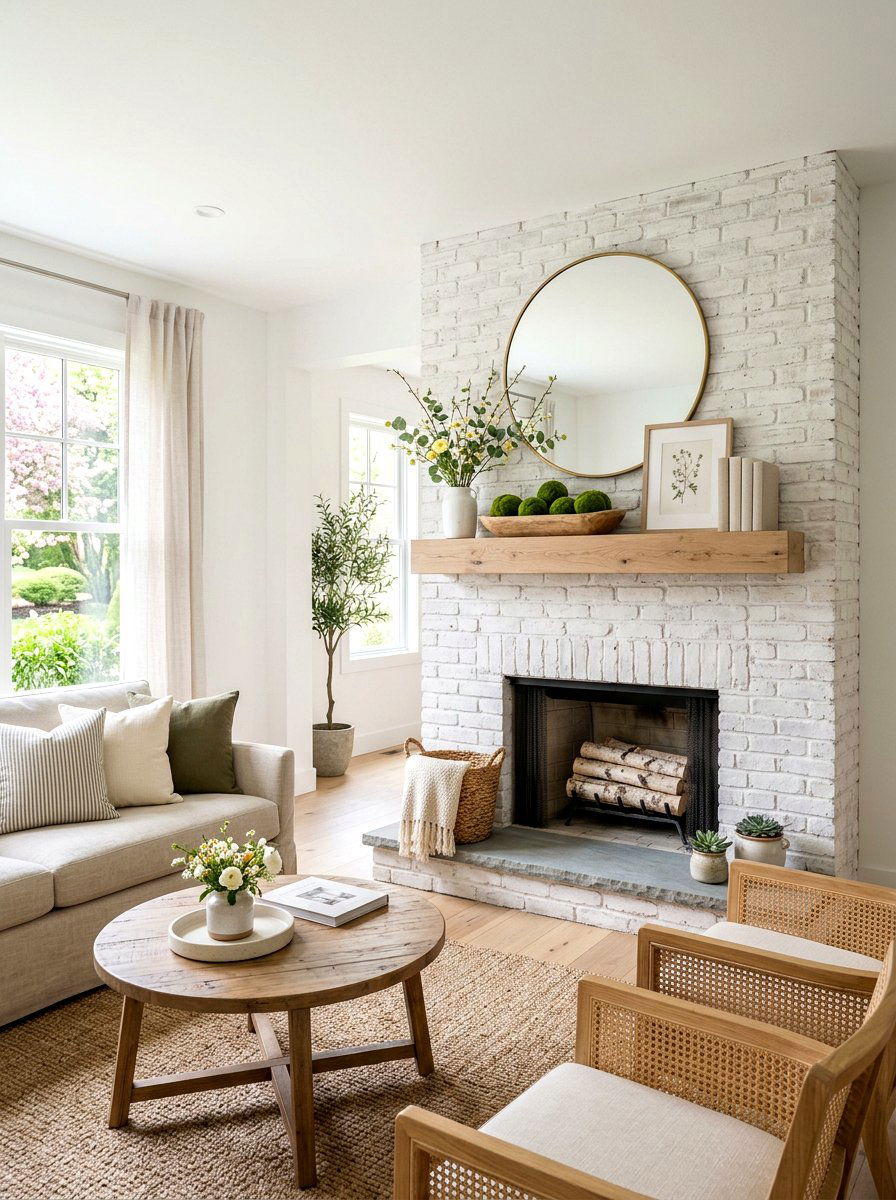 Whitewashed Brick Spring Mantel - 25 Spring Rustic Mantel Ideas