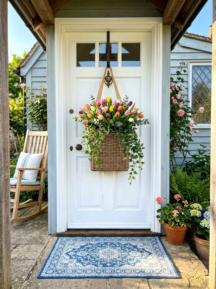 Wicker Basket Door Hanging - 25 Spring Outdoor Wreath Ideas