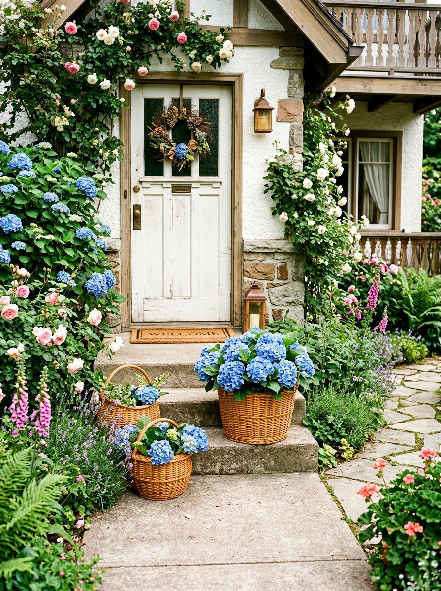 Wicker Basket Entryway - 25 Spring Porch Step Decor Ideas