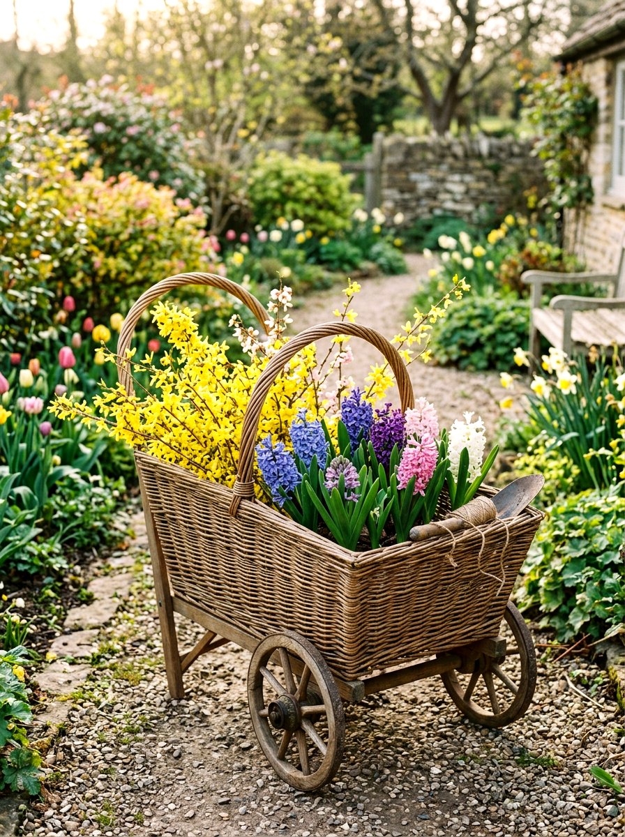 Wicker Basket Garden Cart - 25 Spring Garden Cart Display Ideas