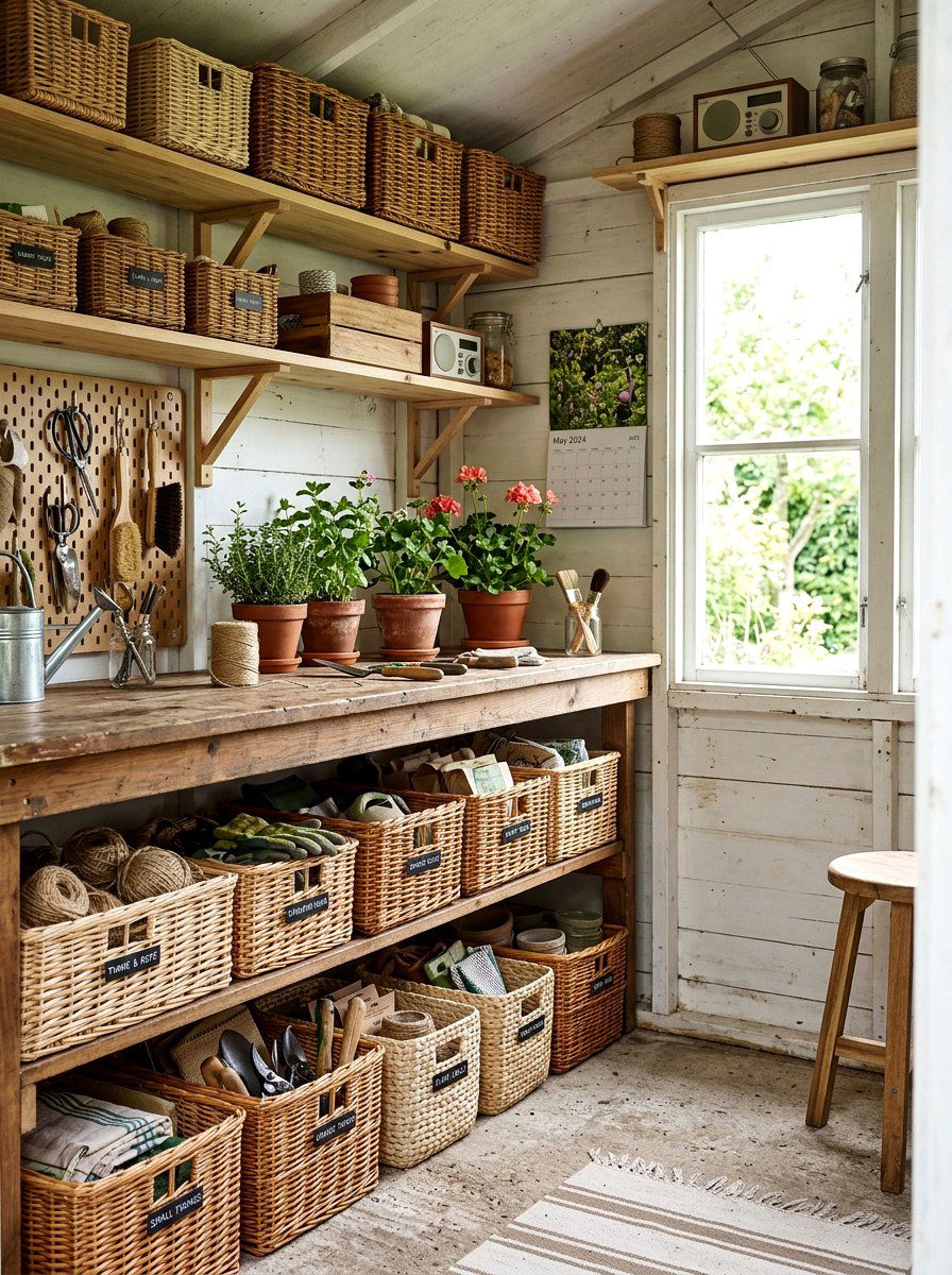Wicker Basket Organization - 25 Spring Potting Shed Decor Ideas