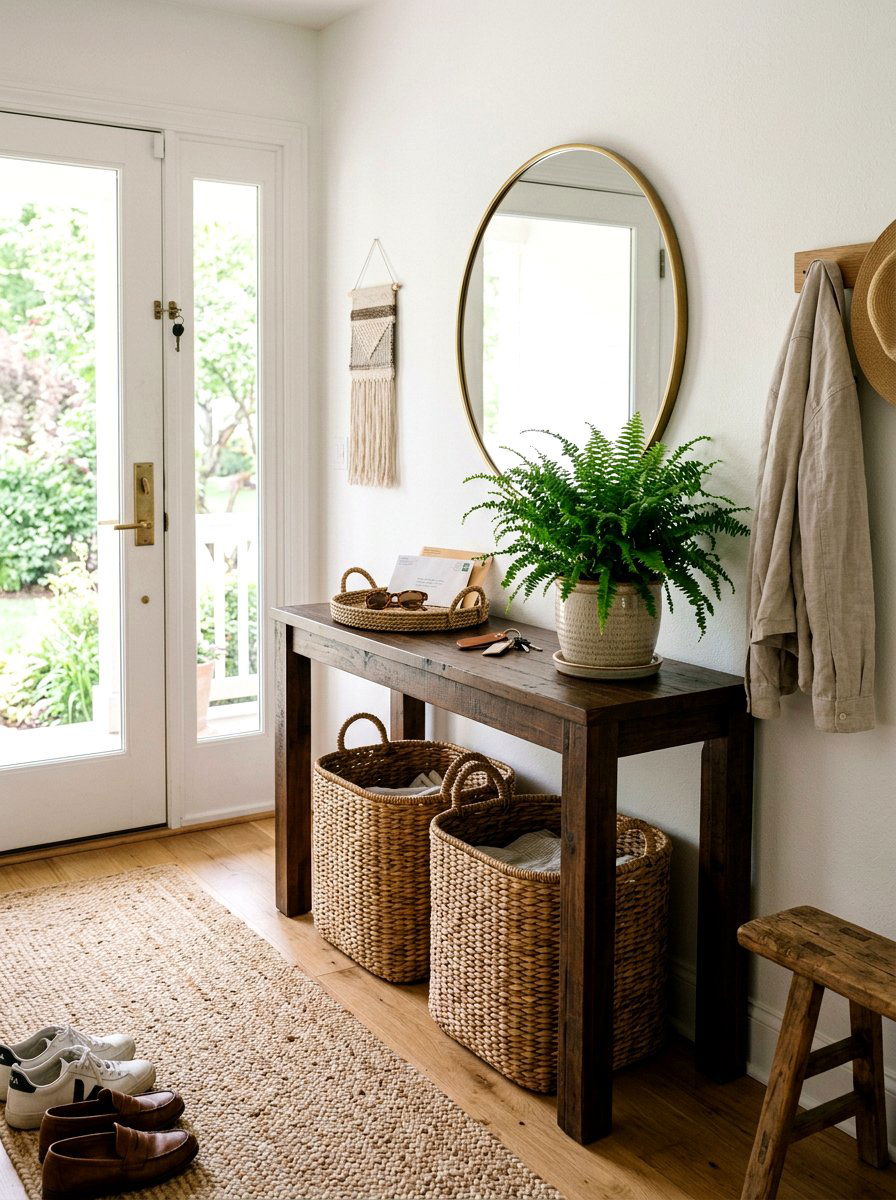 Wicker Basket Spring Entryway - 25 Spring Entry Table Arrangement Ideas