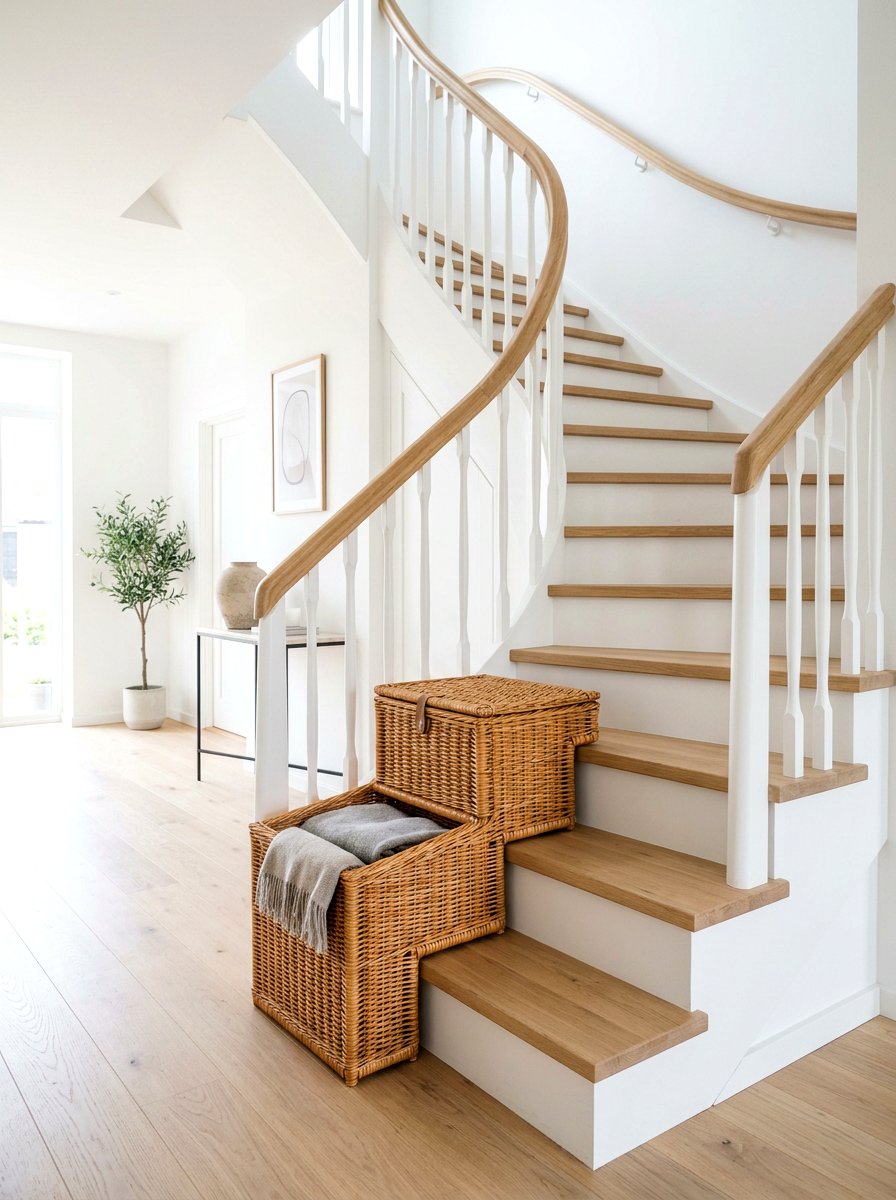 Wicker Basket Staircase Storage - 25 Spring Wicker Basket Decor Ideas