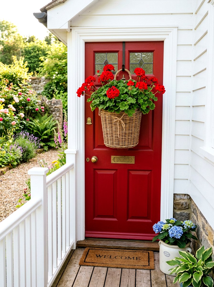 Wicker Basket With Geraniums - 25 Spring Door Basket Ideas