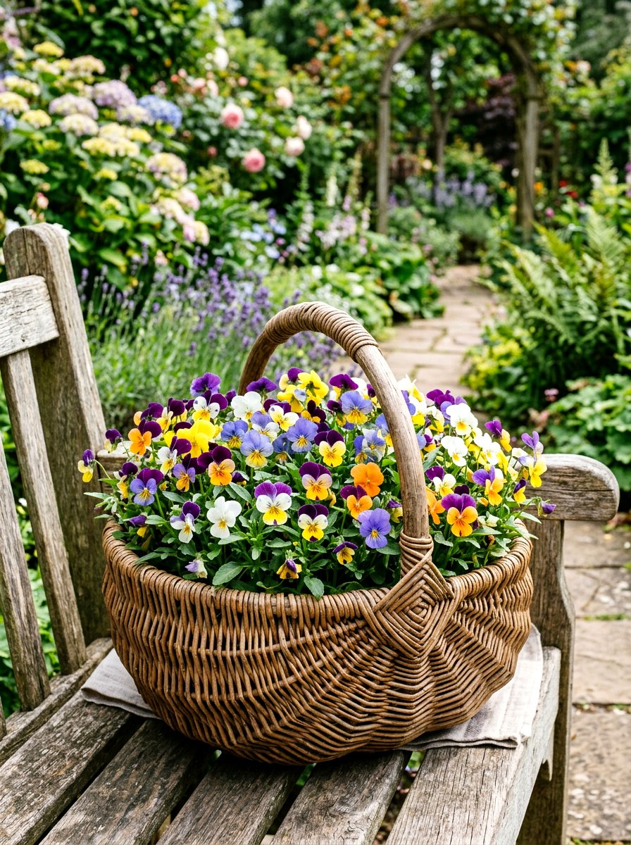 Wicker Basket With Violas - 25 Spring Flower Basket Ideas