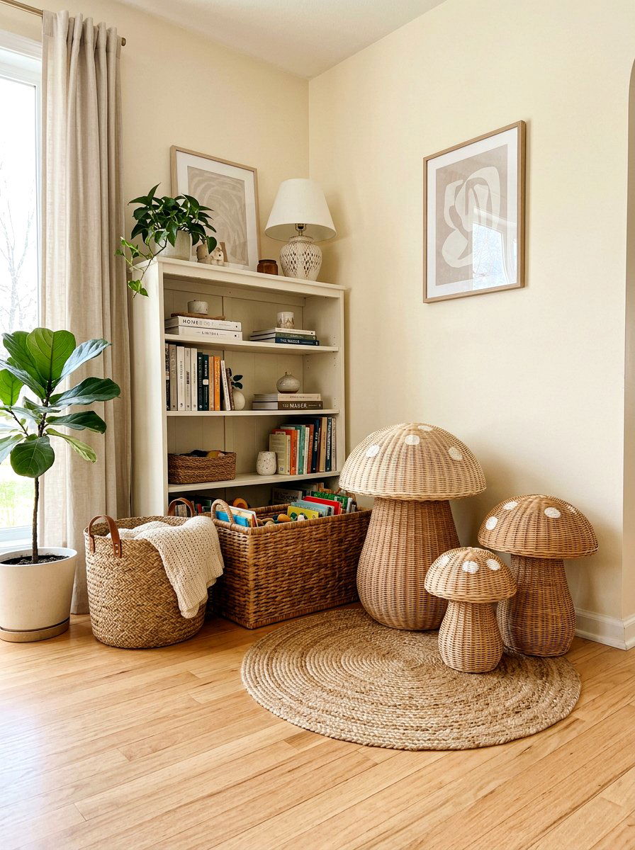 Wicker Mushroom Storage - 25 Spring Toddler Room Decor Ideas