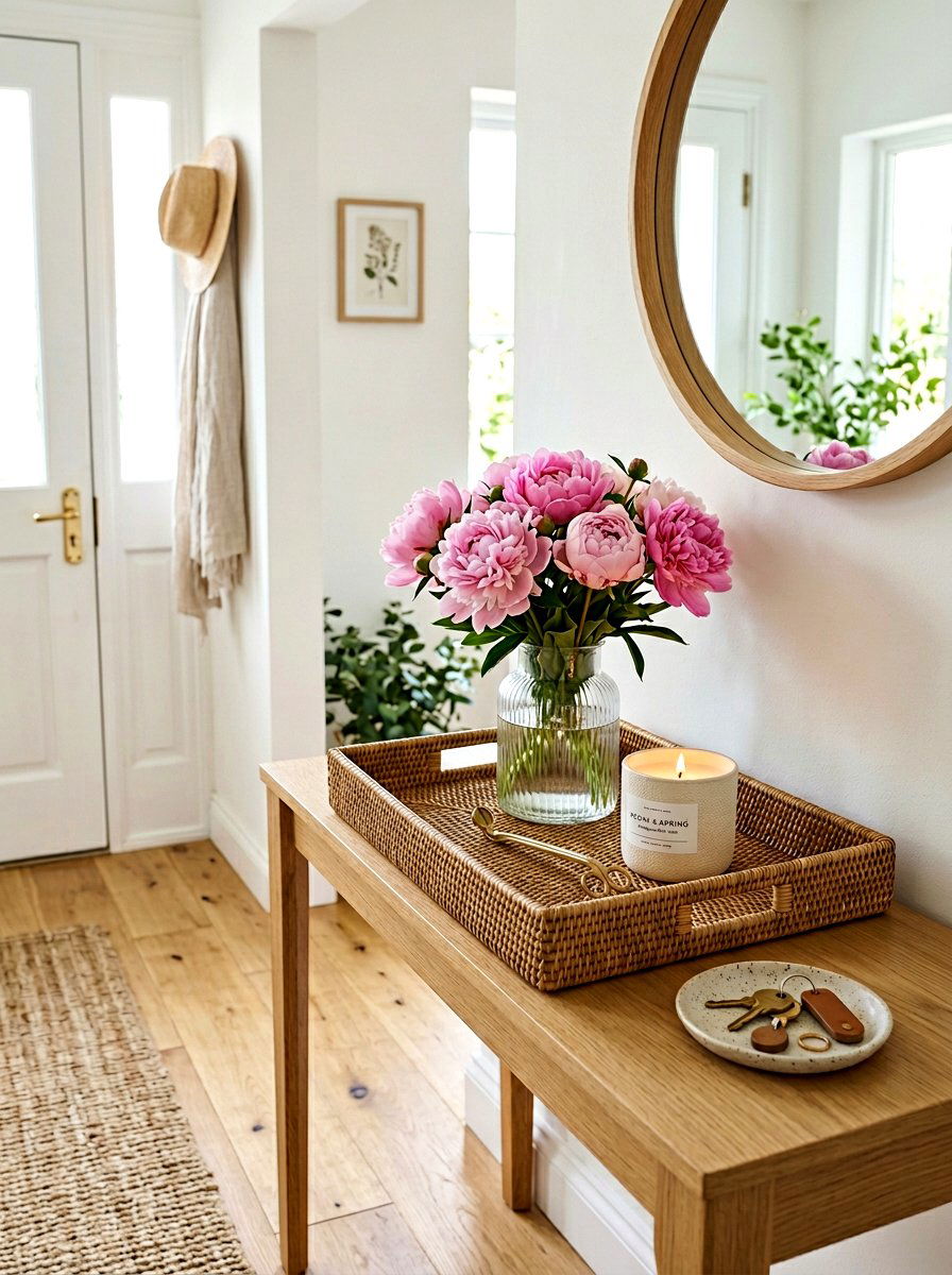 Wicker Tray Entry Arrangement - 25 Spring Entry Table Arrangement Ideas