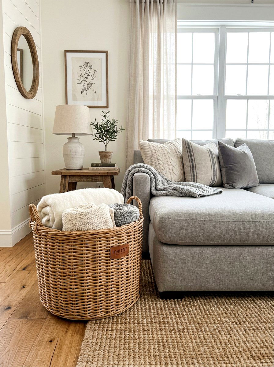 Wicker basket decor for living room - 25 Spring Sofa Styling Ideas