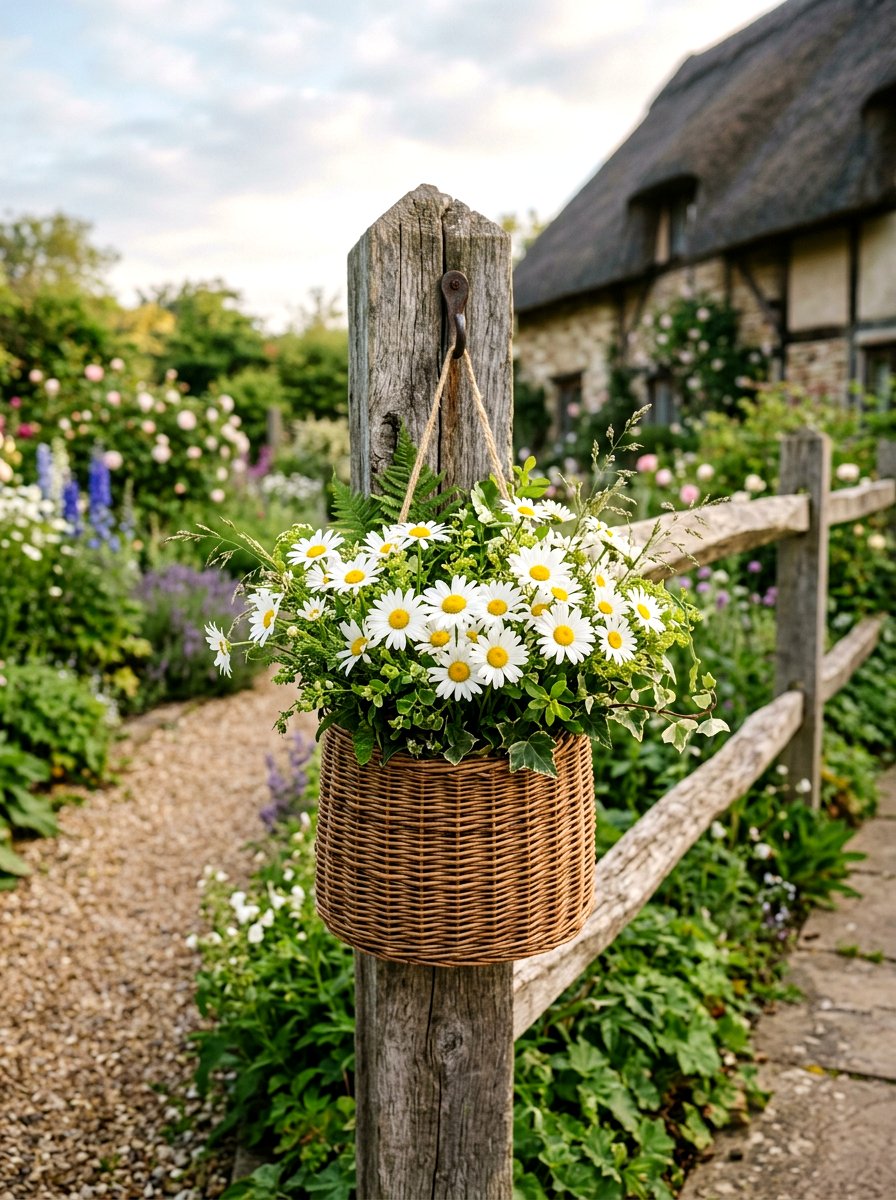 Wicker basket flower holder - 25 Spring Picket Fence Decor Ideas