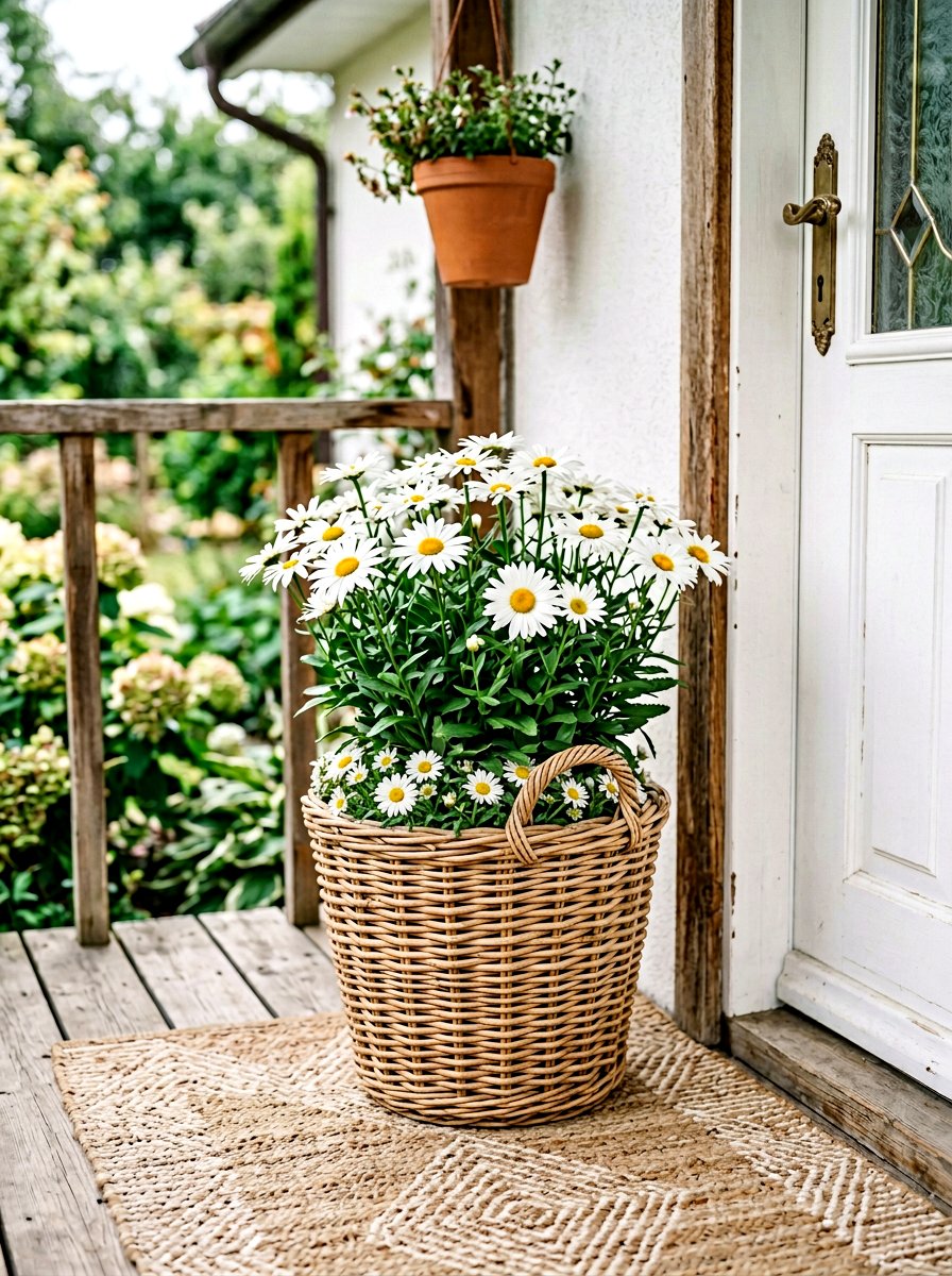 Wicker basket flower pot - 25 Spring Planter Ideas for Front Porch